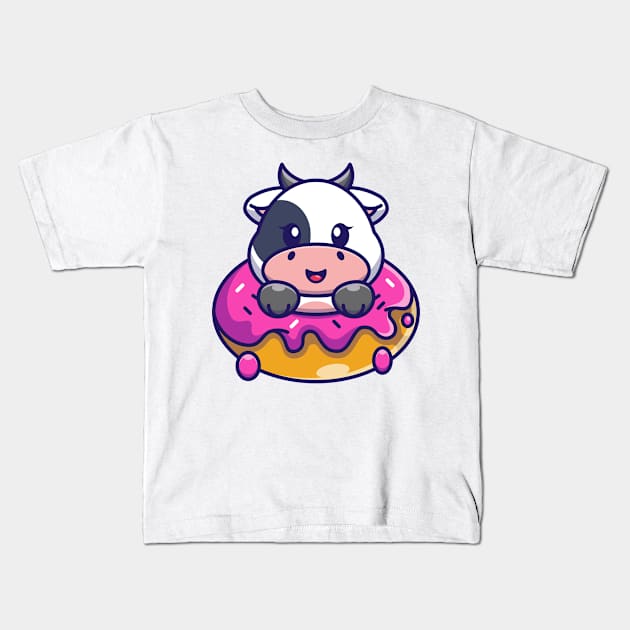 Cute baby cow with doughnut cartoon Kids T-Shirt by Wawadzgnstuff